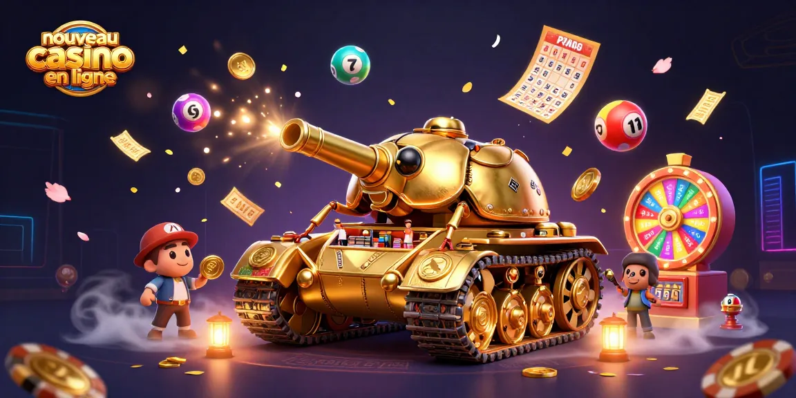 Illustrez un nouveau casino en ligne avec un tank à scarabée doré et des éléments de loterie dynamiques.