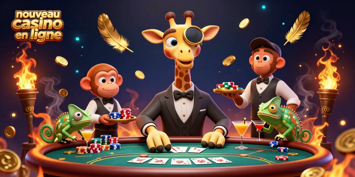 Jouez au nouveau casino en ligne avec un croupier girafe, un valet, et un barman dans un environnement riche en détails.