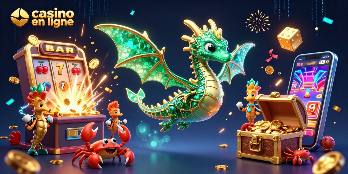 Jouez au casino en ligne avec une machine à sous, un dragon de mer et un coffre au trésor rempli d'or.