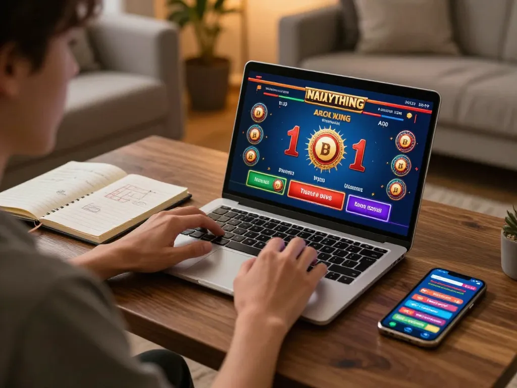 Player enjoying tg88 online casino gaming at home, engaged in strategy with notebook nearby.