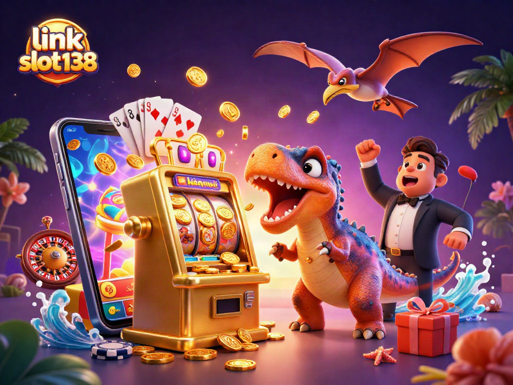 Engaging scene of link slot138 with cartoon dinosaurs and vibrant casino elements.