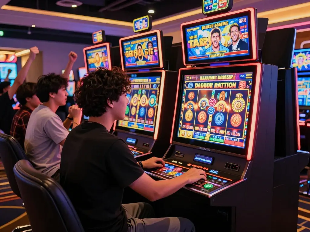 Play exciting slot gacor hari ini at a vibrant online casino with friends cheering around.