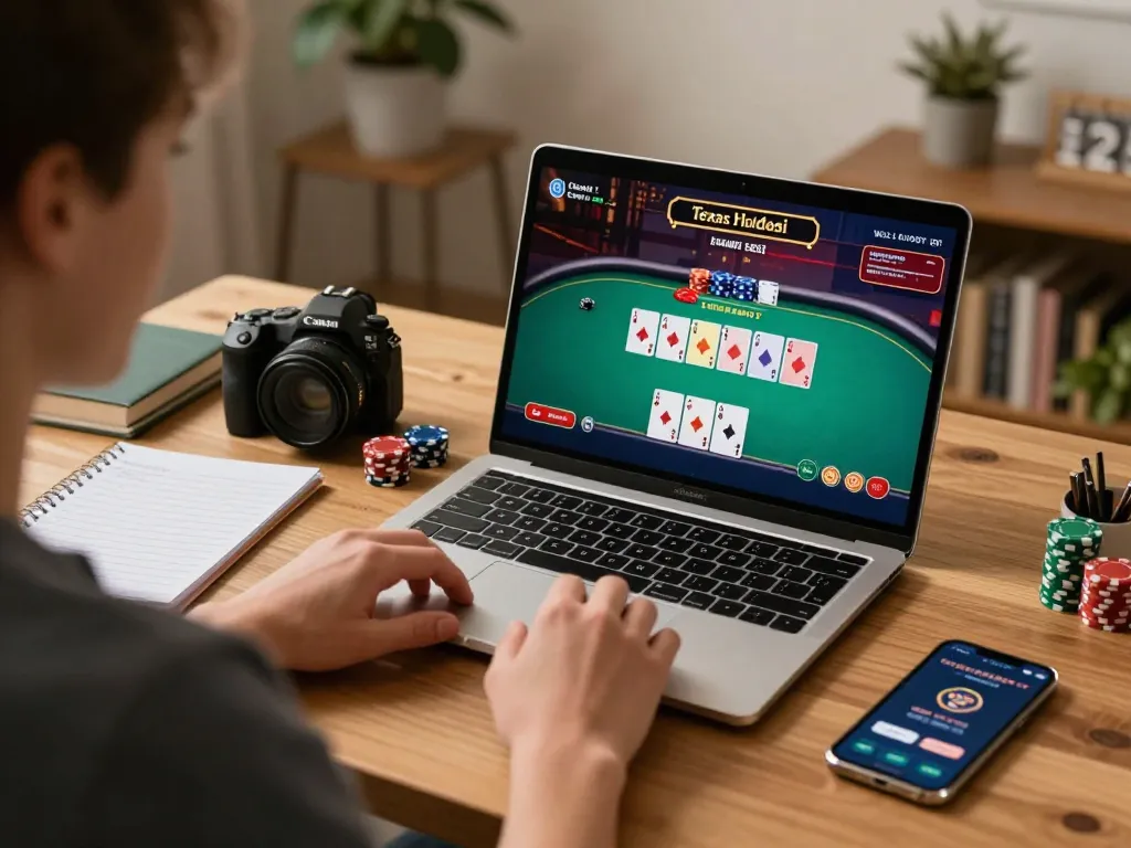 Engaging poker gameplay on laptop showing winstrike69 strategy in a cozy home setting.