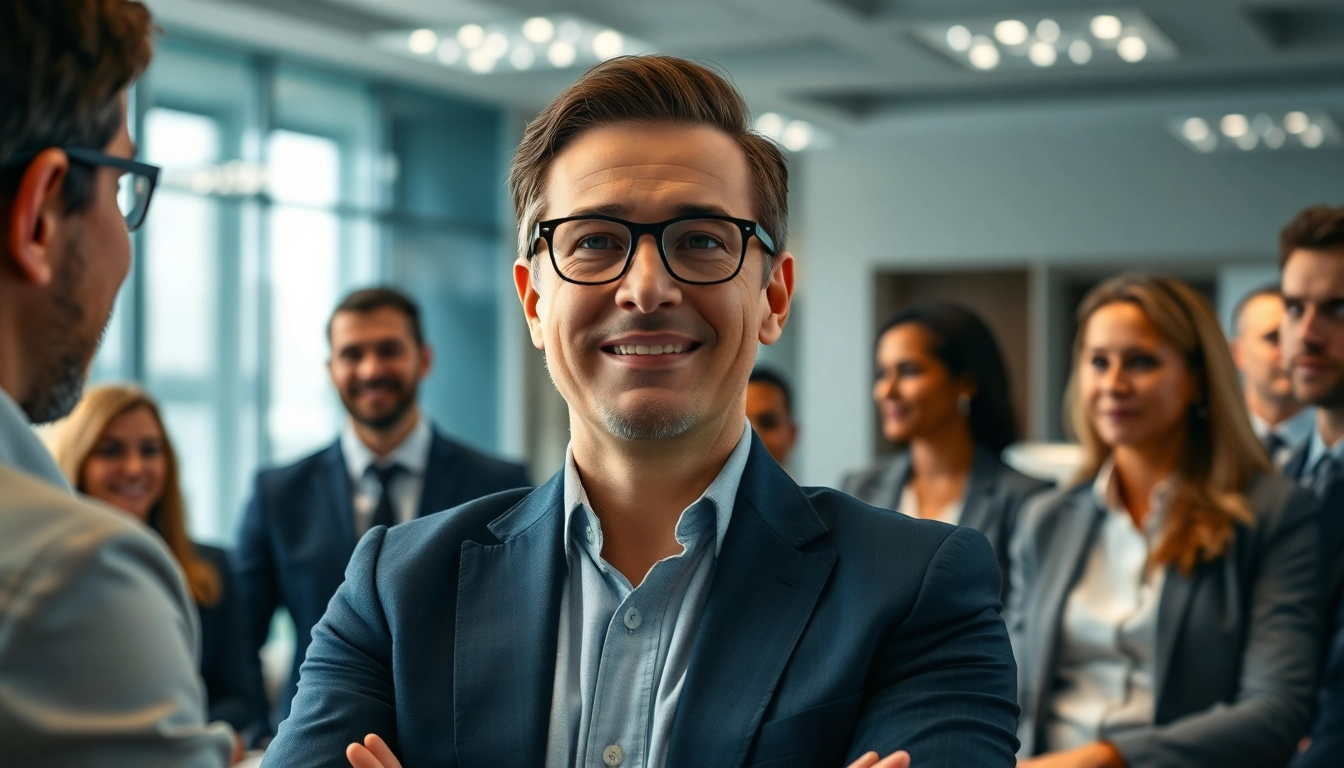 Showcasing Executive Presence, a confident leader interacting in a lively meeting environment.