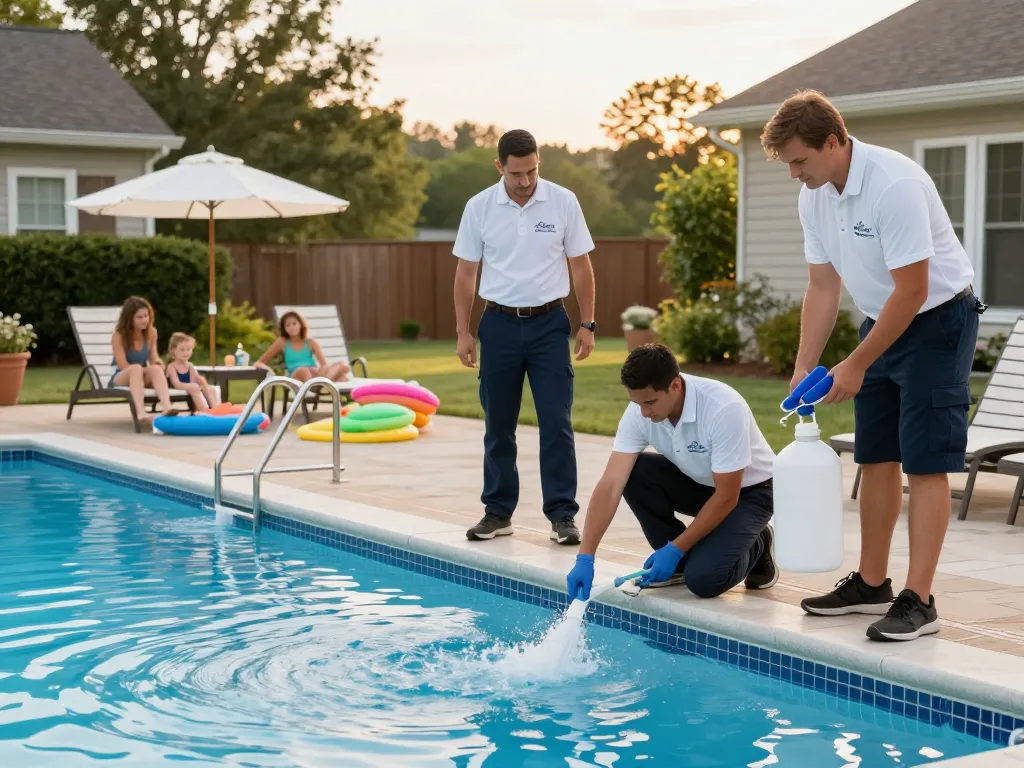 Dolphin Pool Services team performing maintenance on a sparkling pool in Virginia, showcasing expertise and care for families.