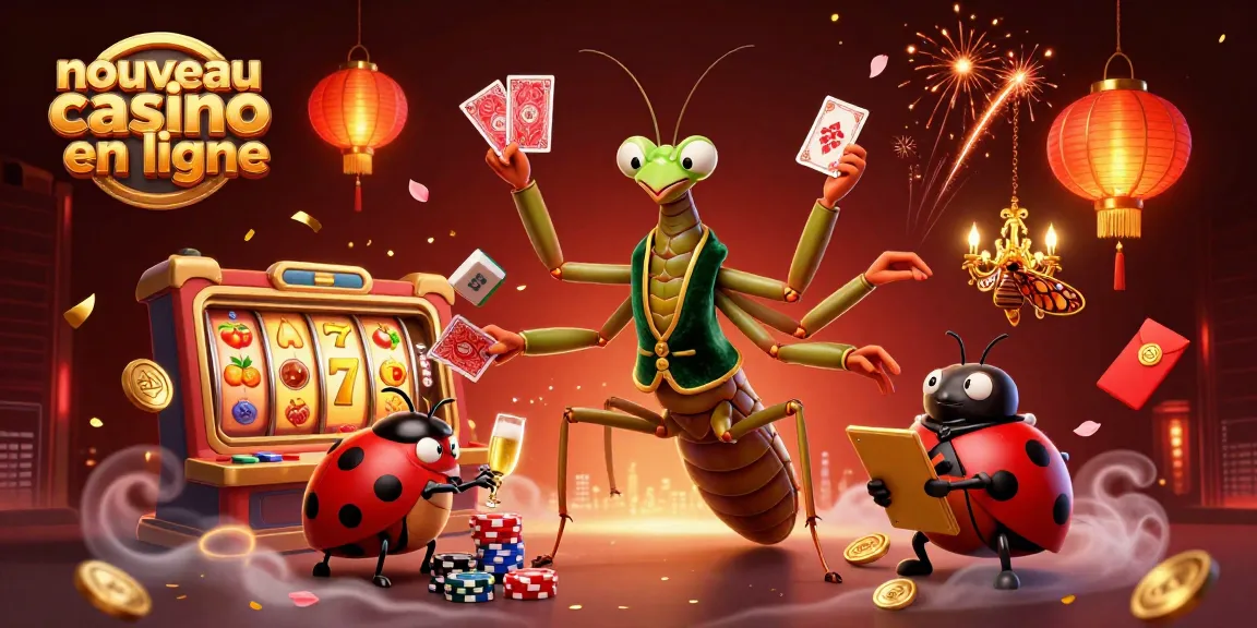 Illustration représentant un nouveau casino en ligne avec un caméléon joueur au poker, entouré de jetons et cartes.