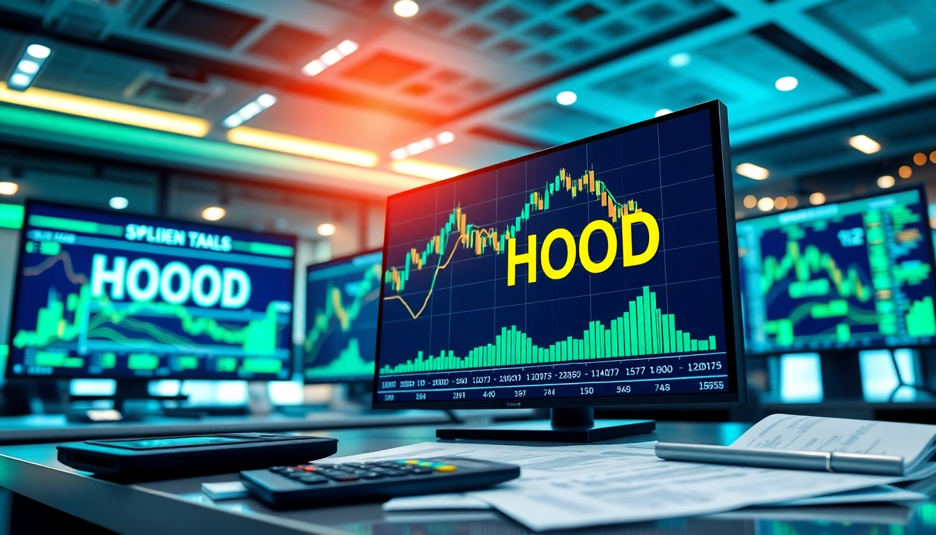 Track HOOD stock price displayed in a vibrant financial office with dynamic stock graphs.