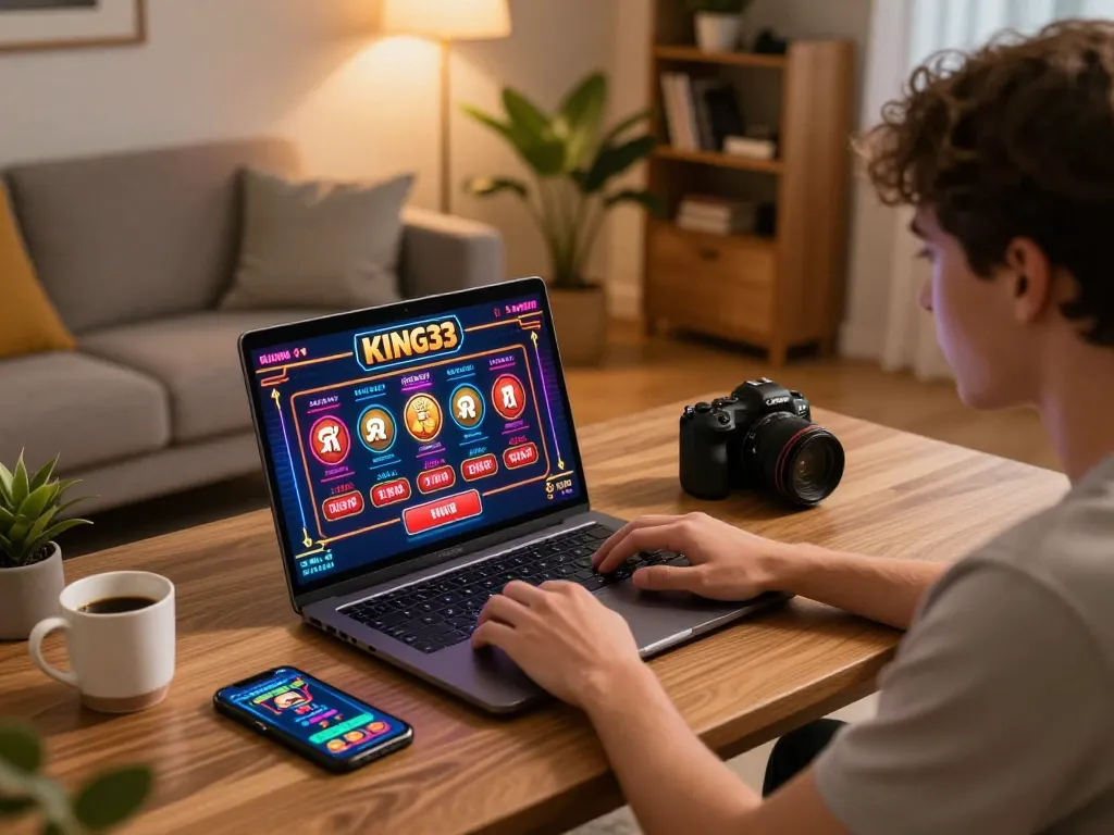 Engaging in online casino gaming on king33 with vibrant graphics on a laptop, cozy home atmosphere.