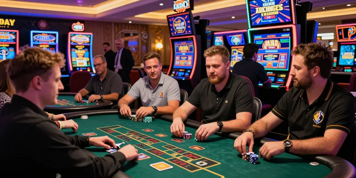 Exciting scene of players at credit card casinos enjoying live dealer games and slot machines.