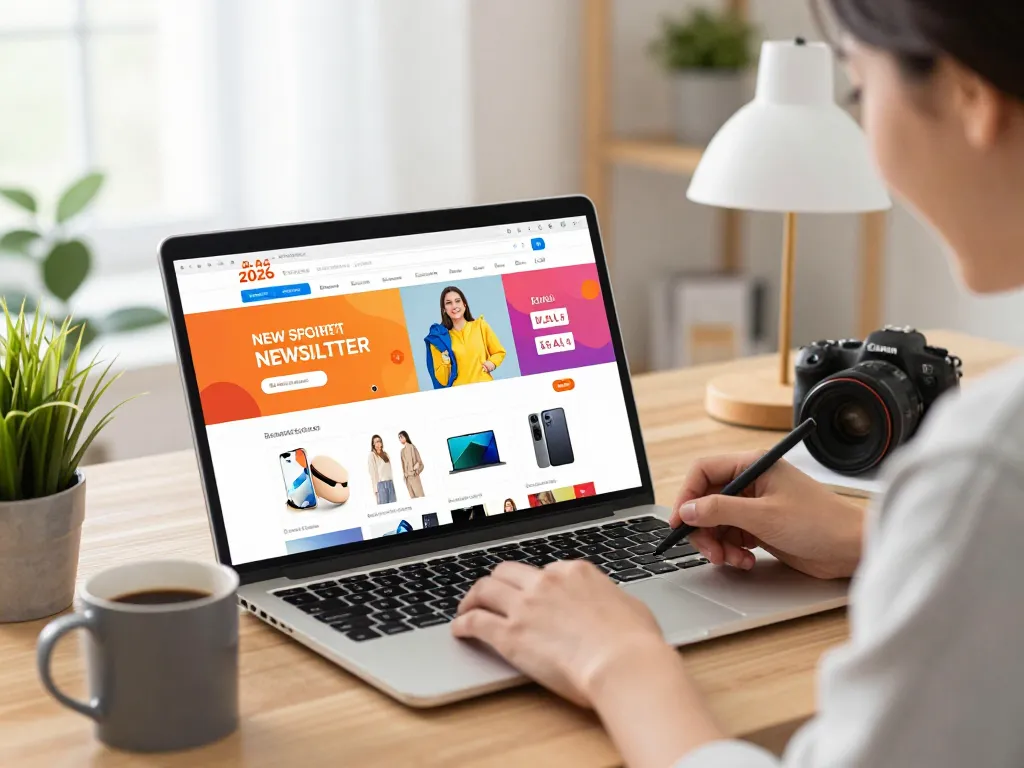 Excited user signing up for hubet88 newsletter in vibrant online shopping scene.