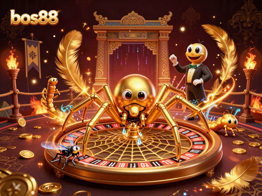 bos88 menampilkan ilustrasi 3D kasino unik dengan laba-laba emas dan jaring roda roulette.