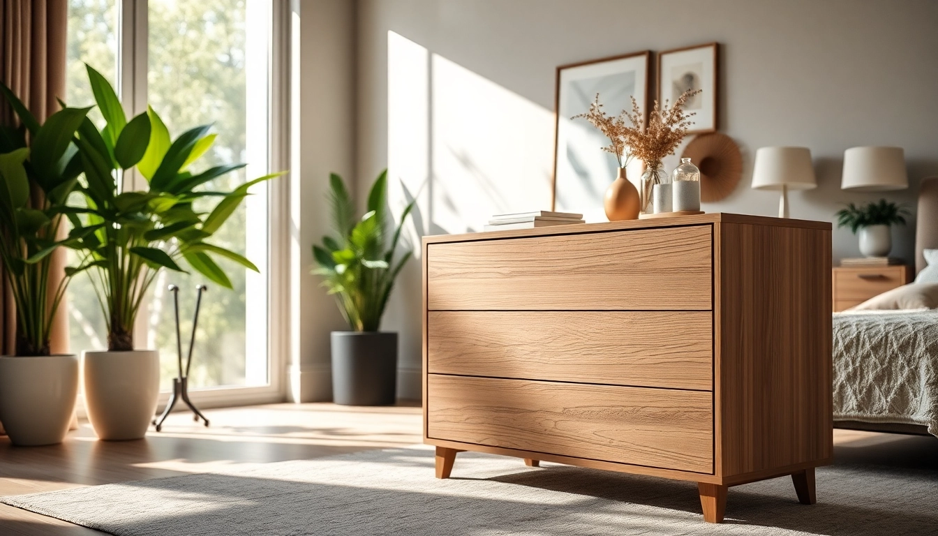 Elegant chest of drawers enhancing a modern bedroom decor with natural sunlight.