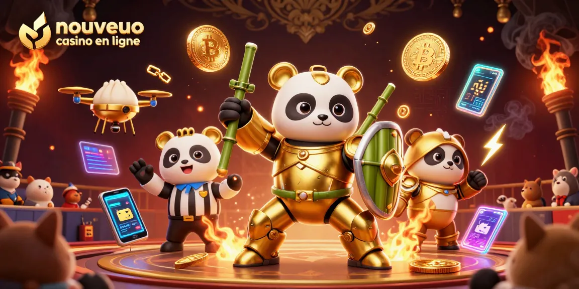 Illustration dynamique d'un nouveau casino en ligne avec un panda doré et des éléments de crypto-monnaie.