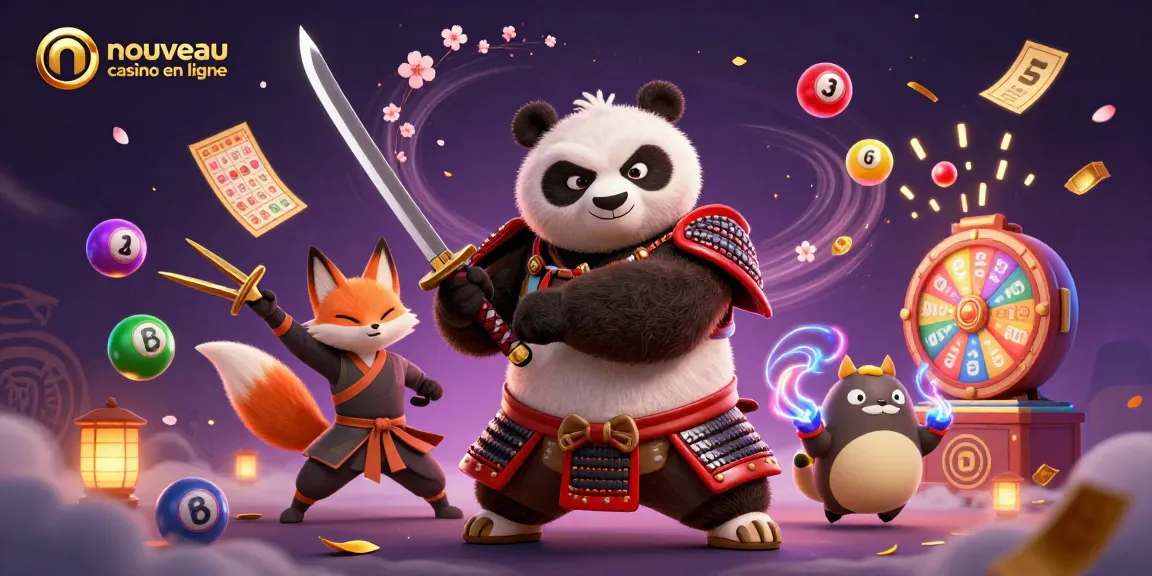 Illustration d'un nouveau casino en ligne avec un panda samouraï et des ballons colorés