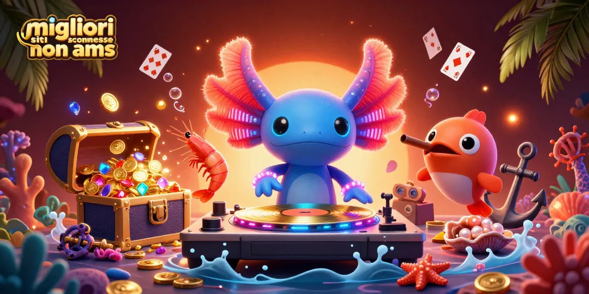 I migliori siti scommesse non AAMS mostrano un DJ axolotl che gira dischi d'oro tra creature marine danzanti.