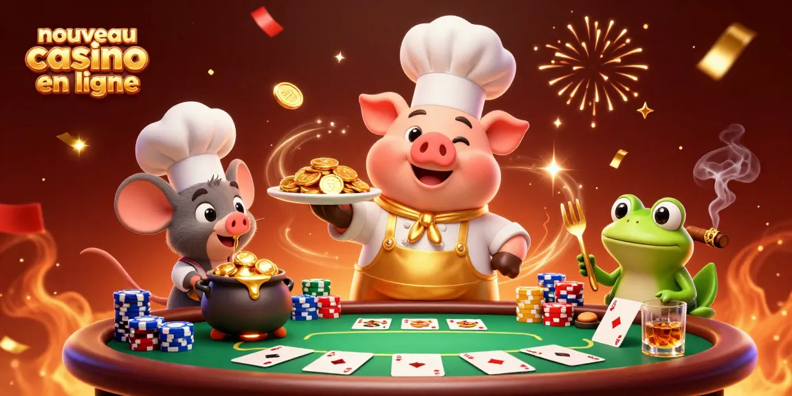 Illustration d'un nouveau casino en ligne avec un chef cartoon servant des pièces d'or, entouré de jeux de poker.