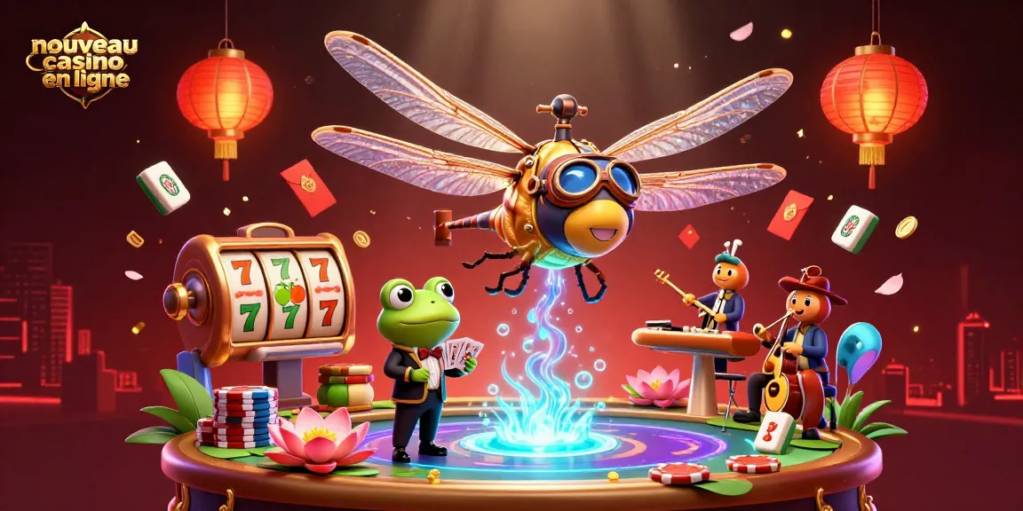 Illustration dynamique de nouveau casino en ligne avec un pilote libellule, croupier grenouille, et musiciens criquets.