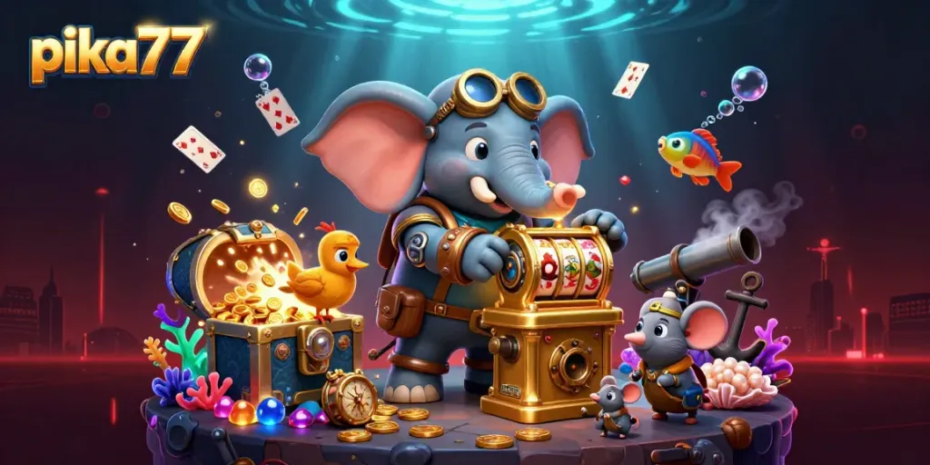 Play exciting slots at pika77 with a steampunk elephant and golden treasures in this vibrant scene.