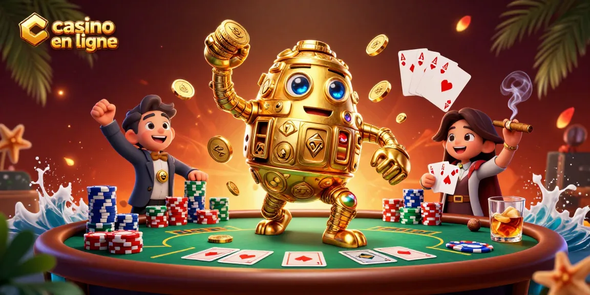 Le casino en ligne présente un golem doré, symbole de jeux, entouré de tables et de jetons colorés.