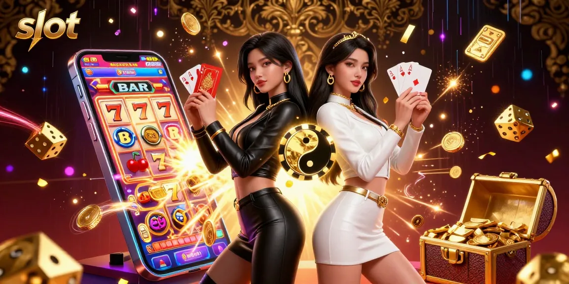 Spin the slot with dynamic twin Asian women showcasing winning cards and a jackpot explosion in a vibrant casino scene.