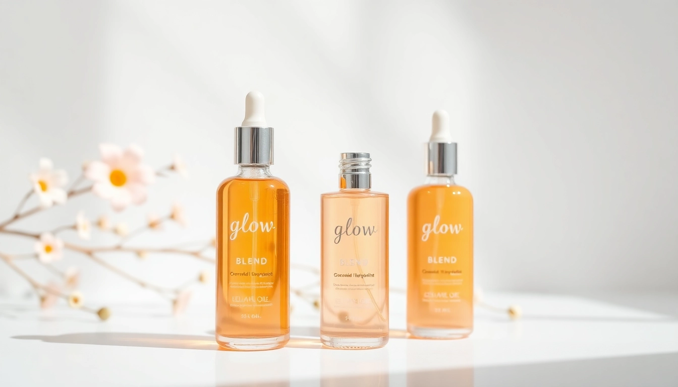 Enhance your skincare routine with Glow Blend oil, beautifully displayed with elegant bottles.
