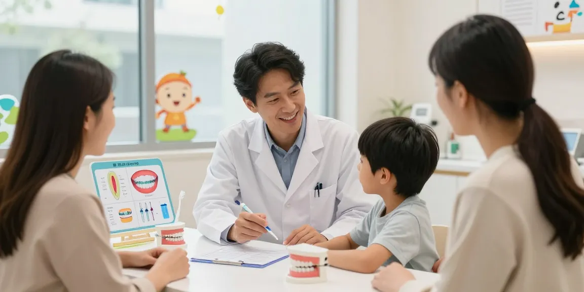 Child discussing dental braces with an adult orthodontist in a friendly clinic setting.