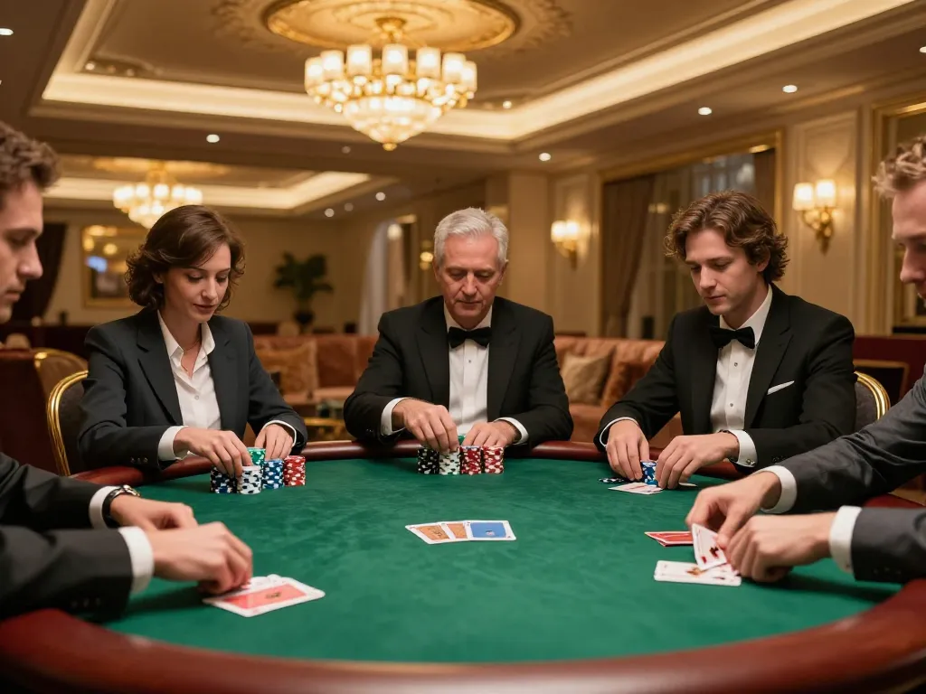 Players engage in a high-stakes poker game at a luxurious table, showcasing vipwin strategy and excitement.