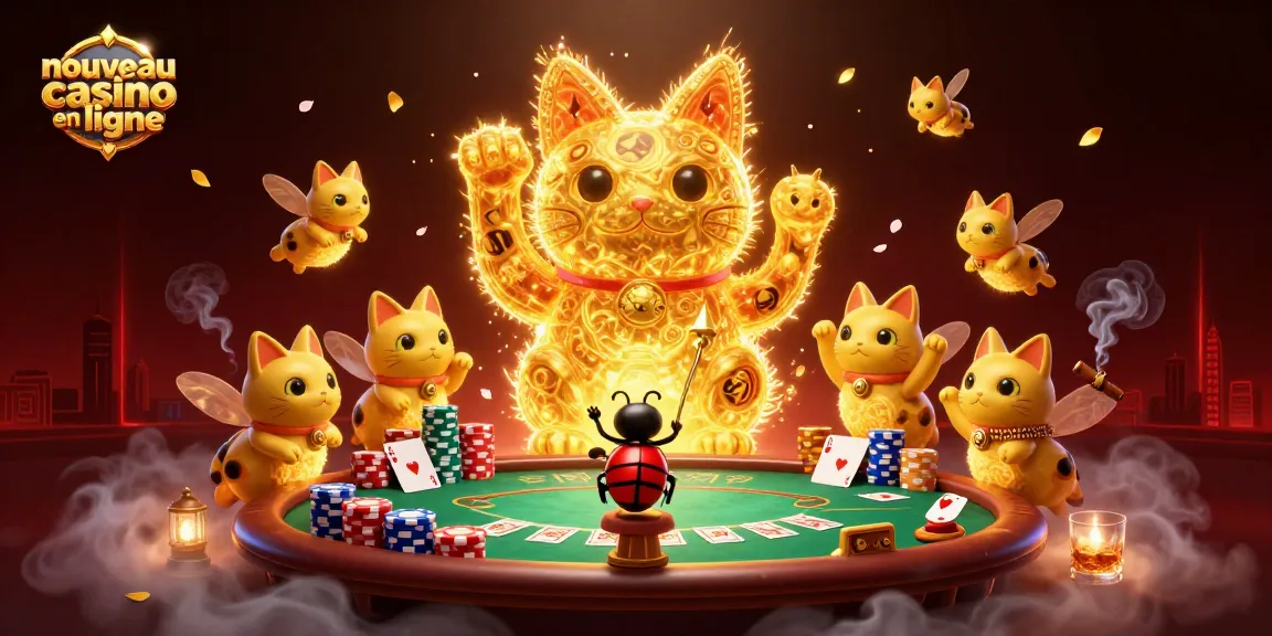 Explorez le nouveau casino en ligne avec un chat porte-bonheur géant et des jetons de poker vibrants.