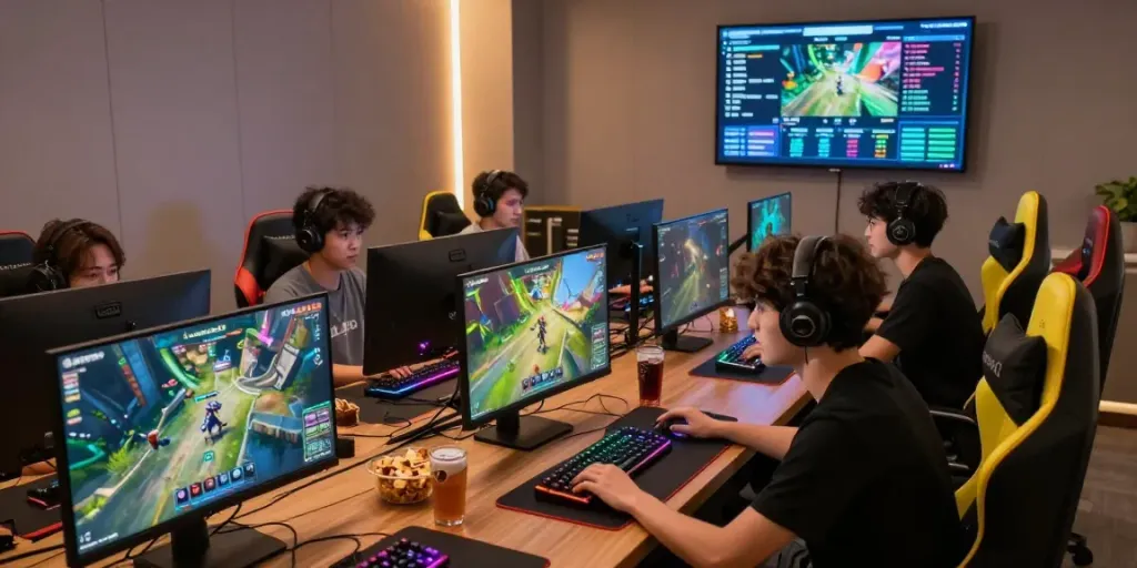 Exciting gaming session at Luxury333 with diverse players using vibrant technology.