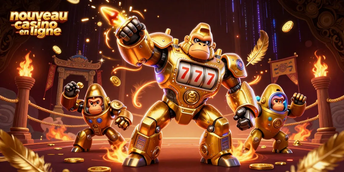 Plongez dans l'univers du nouveau casino en ligne avec un gorille mech en or, jeu de machines à sous et éclats de pièces.
