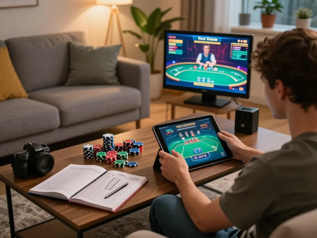 kp88 player enjoying live poker game on tablet, cozy home atmosphere