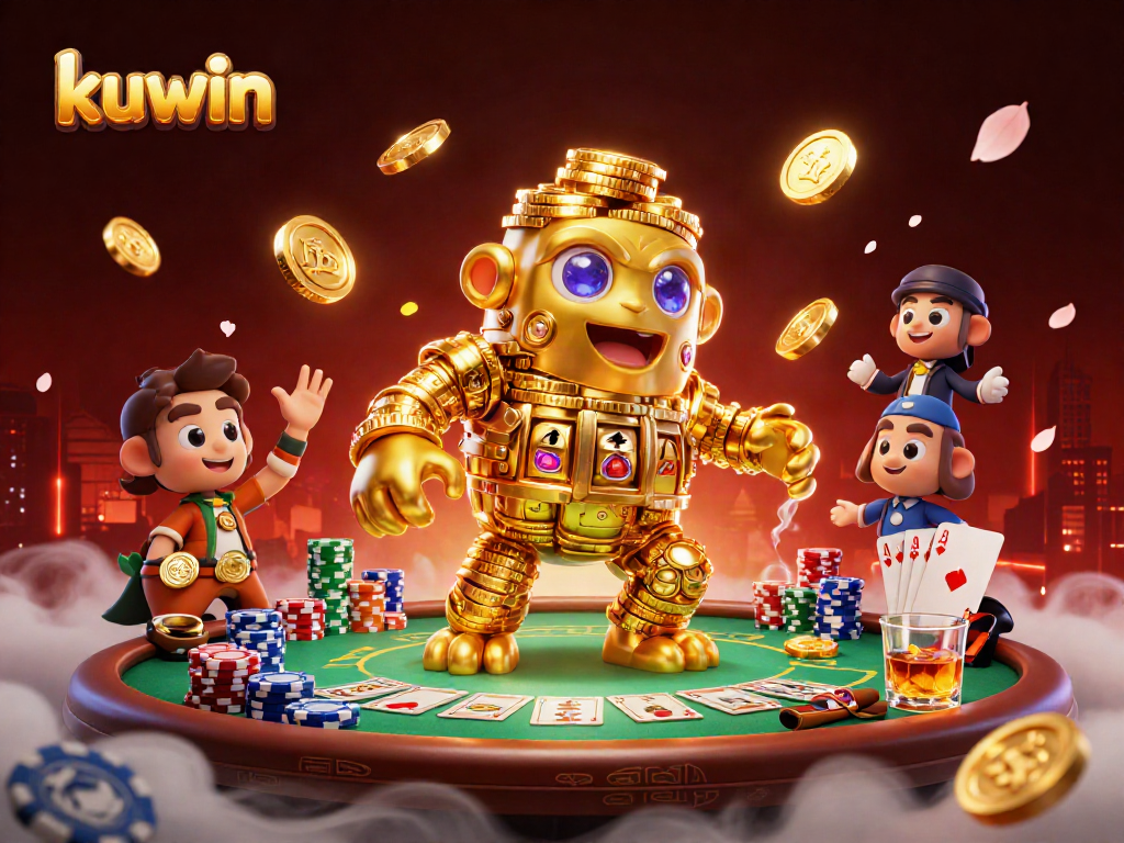 Kuwin game highlights with a dynamic golden golem and poker elements for online casino excitement.