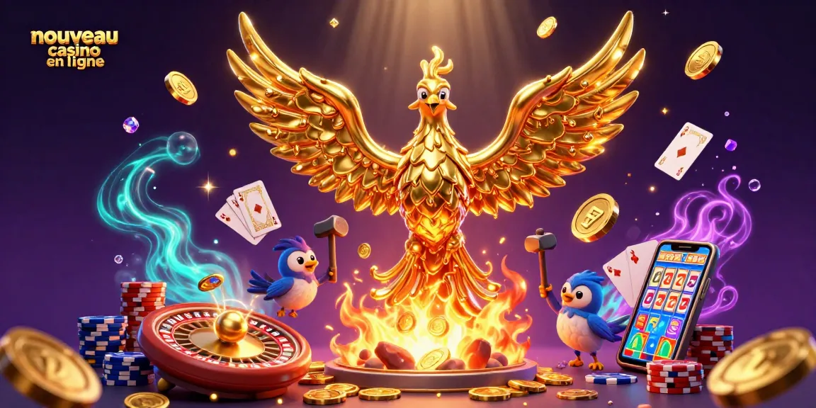 Illustration du nouveau casino en ligne avec un phoenix doré et des éléments de jeu dynamique.