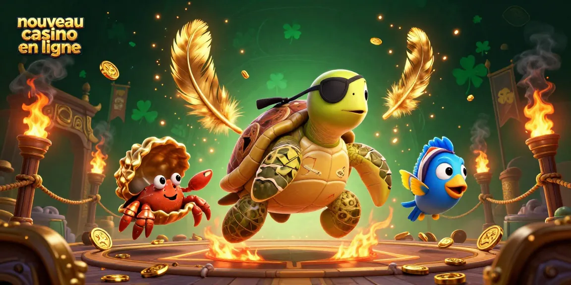 Jouez et gagnez au nouveau casino en ligne avec cette illustration captivante d'une tortue pirate et de ses amis sous-marins.