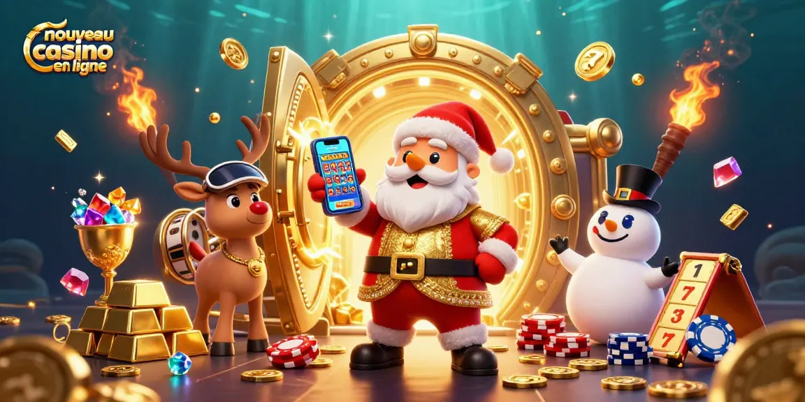 Illustration captivante du nouveau casino en ligne avec Santa, un renne et un bonhomme de neige enjoués.