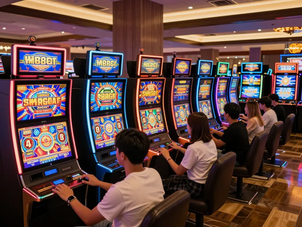 Players engage with dynamic slot machines at TG88 casino, showcasing lively atmosphere and top gaming experiences.