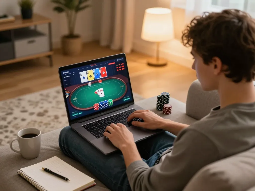 Player enjoying a strategic online poker game on shbet with colorful cards and chips.