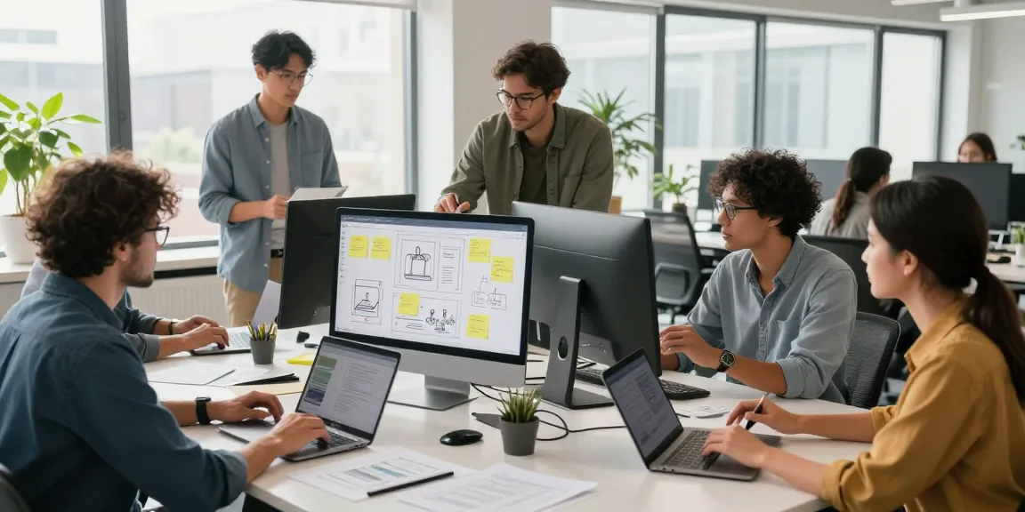 Collaboration in a tech workspace showcasing 纸飞机官网's innovation and team dynamics.