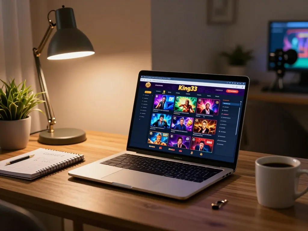 Engaged player enjoying king33 online gaming with laptop in cozy home setup, showcasing responsible gambling.