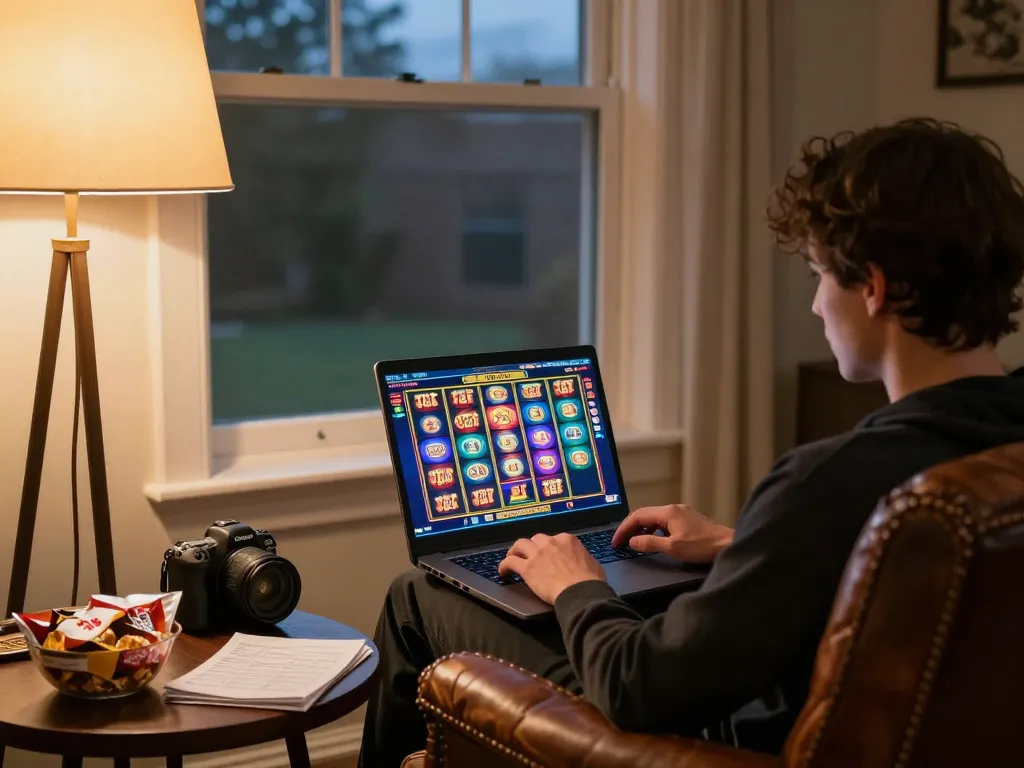 Engaging in online casinos Canada gaming on a laptop in a cozy living room setting with warm lighting.