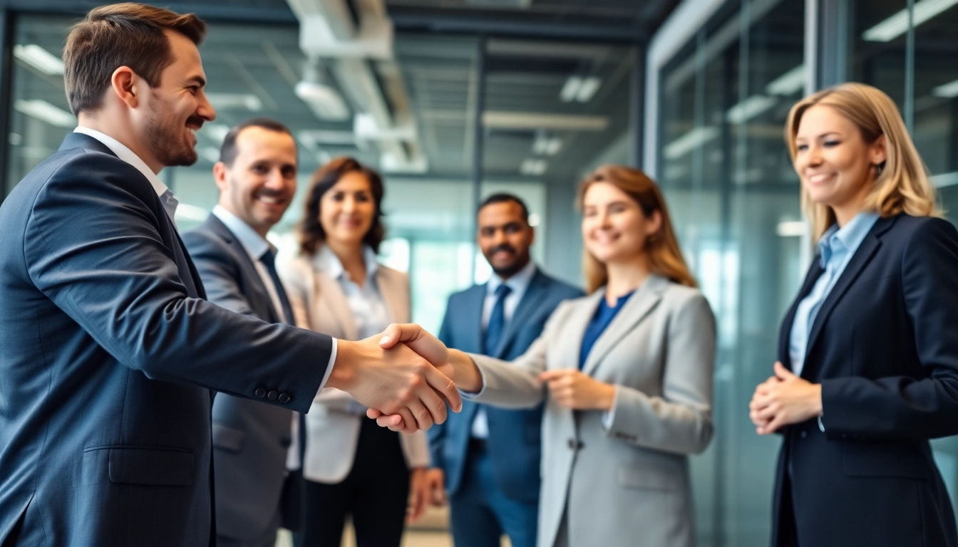 Engaged business professionals sealing Federal and State contracts in a modern office setting.