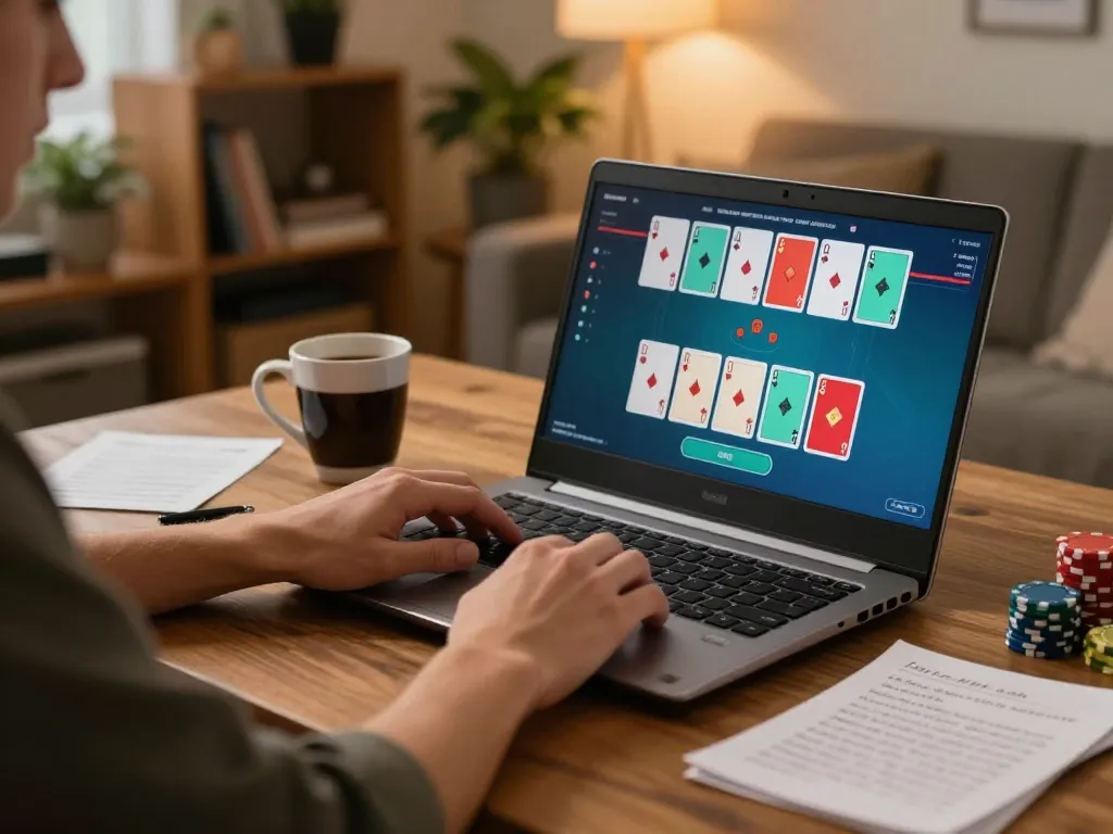 Pemain menganalisis strategi poker di laptop sambil terlibat dengan permainan online paris888 di lingkungan rumah yang nyaman.