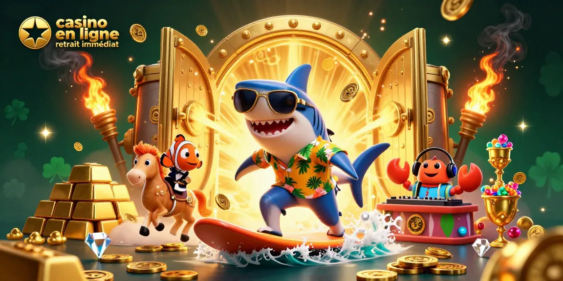 Jouez au casino en ligne retrait immédiat avec un requin à lunettes sur une vague de pièces d'or