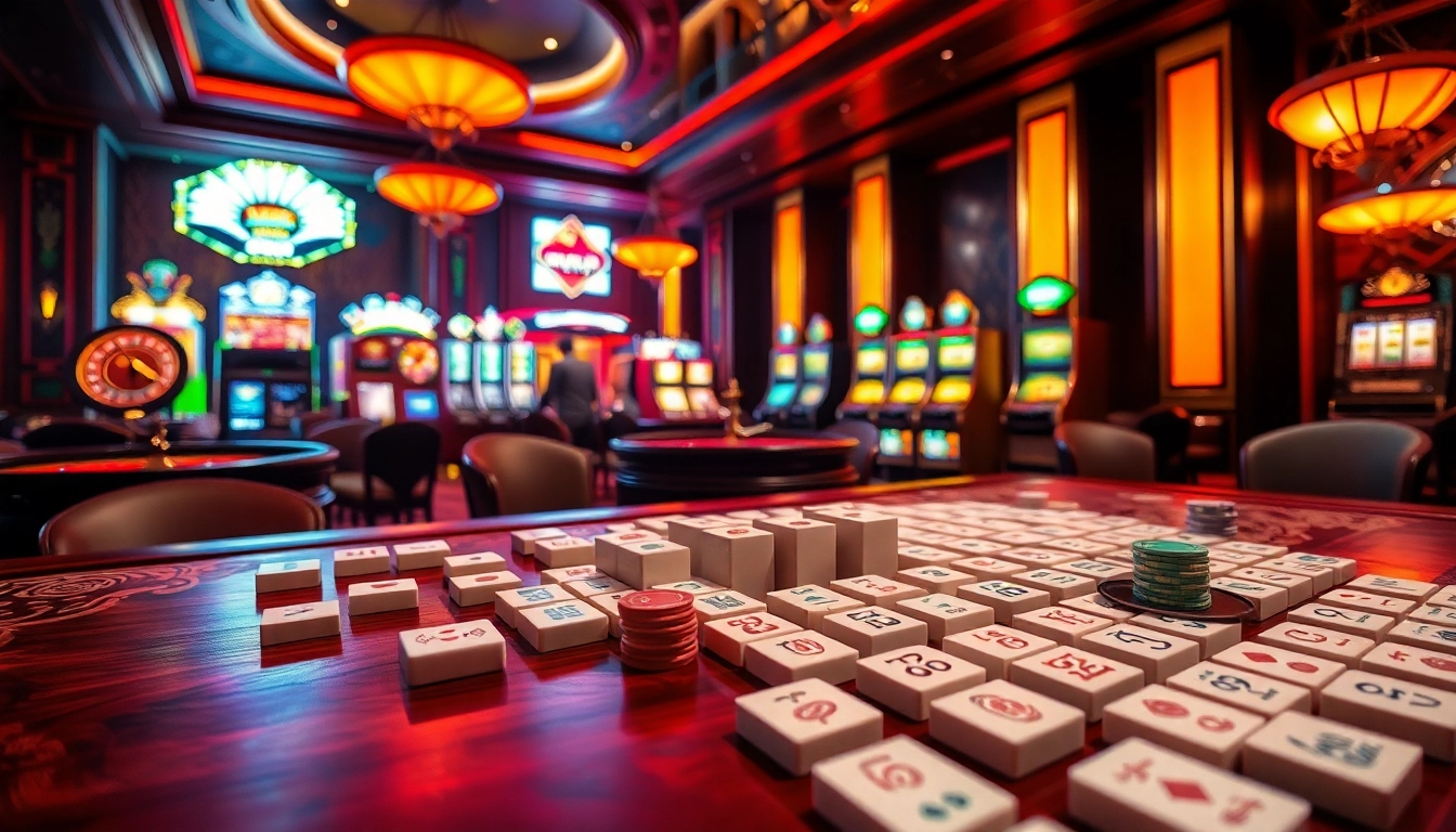 Bermain Link Mahjong di meja kasino yang ramai dengan dekorasi elegan dan elemen permainan.