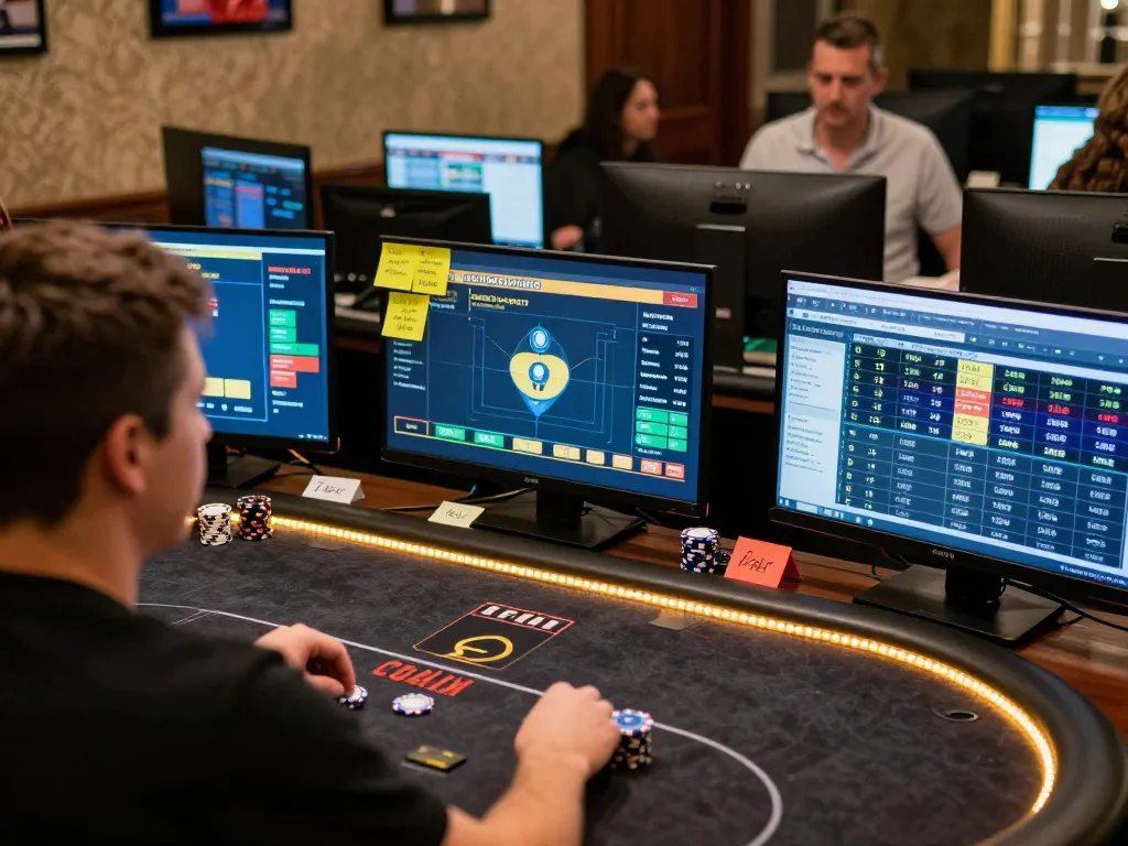 Engaged gamer analyzing strategies with multiple screens on poker server thailand for winning moves
