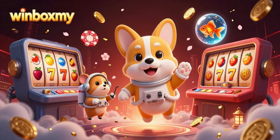 Experience winboxmy in action as a corgi astronaut floats through a casino, surrounded by slot reels and festive elements.