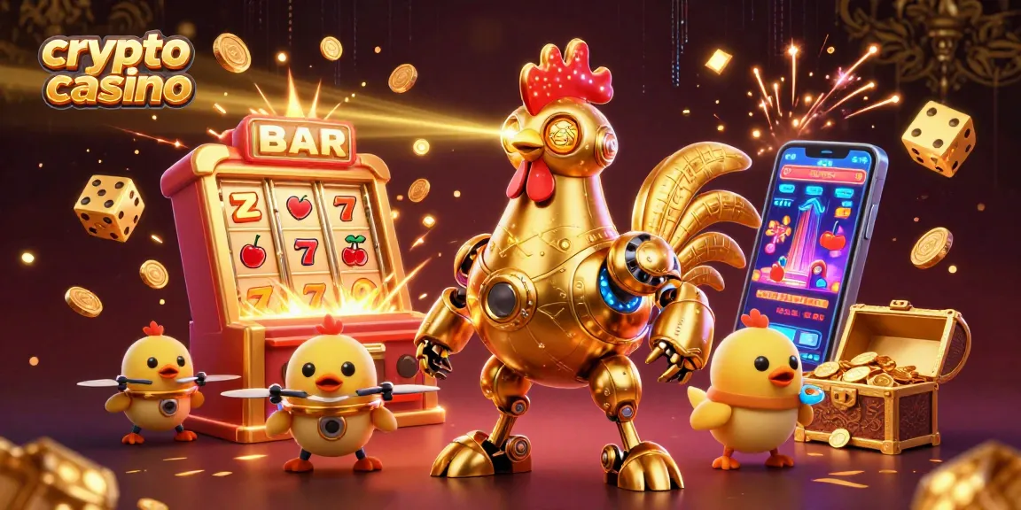 Expérience de jeu immersive sur un casino crypto avec un robot coq en or et des machines à sous animées.