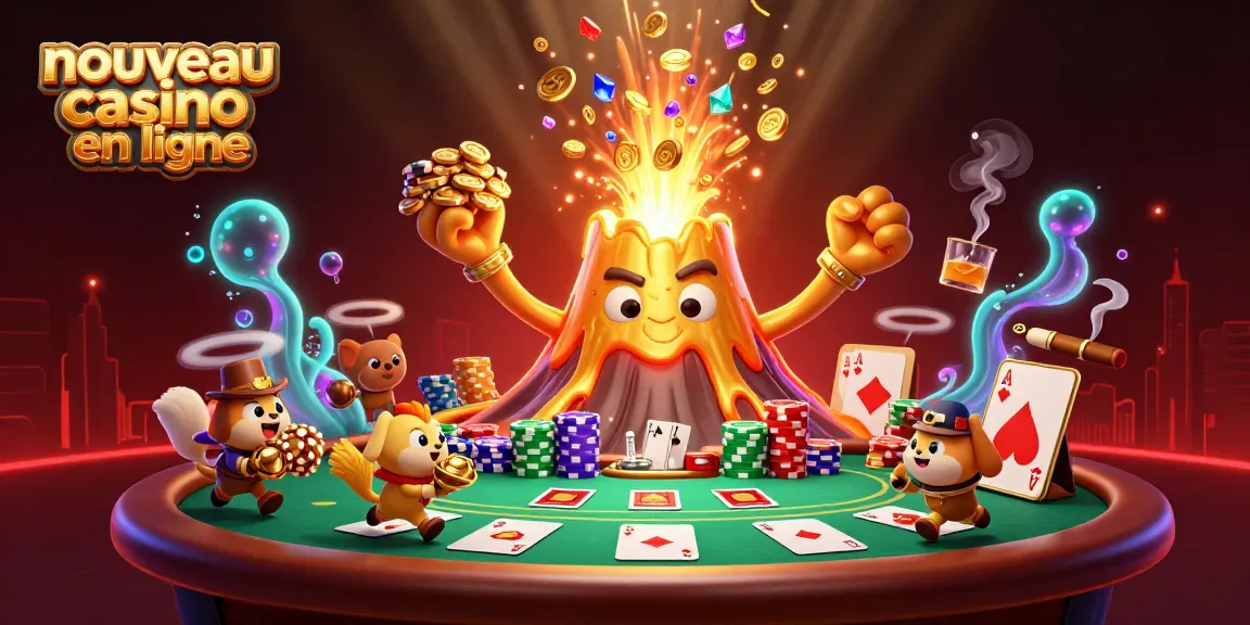 Découvrez le nouveau casino en ligne et laissez-vous émerveiller par une scène captivante avec un volcan doré et des trésors de poker.