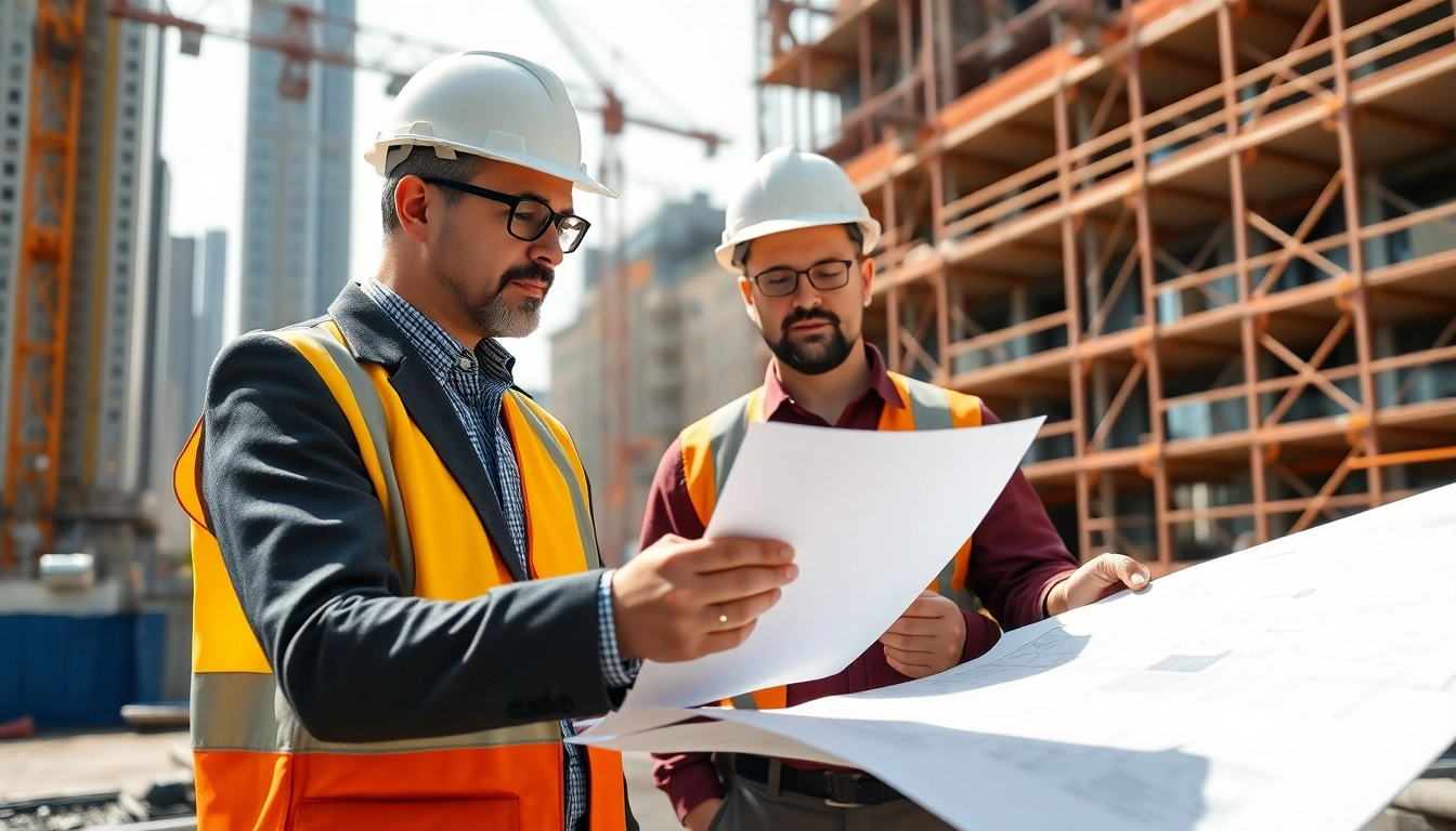 Manhattan Construction Manager leading a team on a construction site, assessing blueprints.
