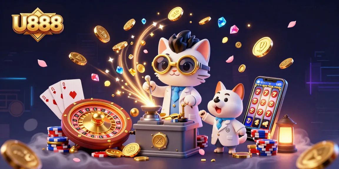 U888 entertaining gamblers with an imaginative scene of a mad scientist cat and dog amidst vibrant casino elements.